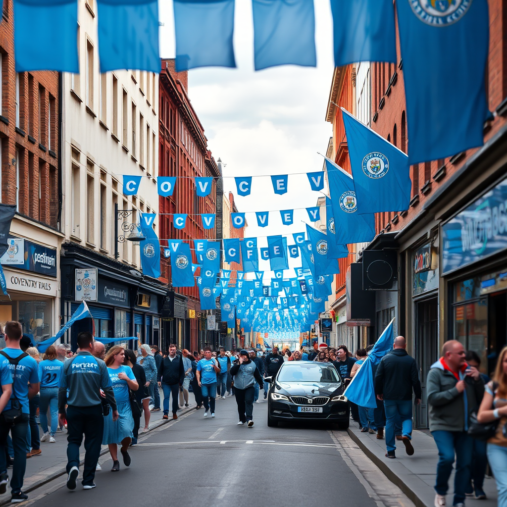 Coventry city centre turns Sky Blue to mark club's promotion to the Premier League
